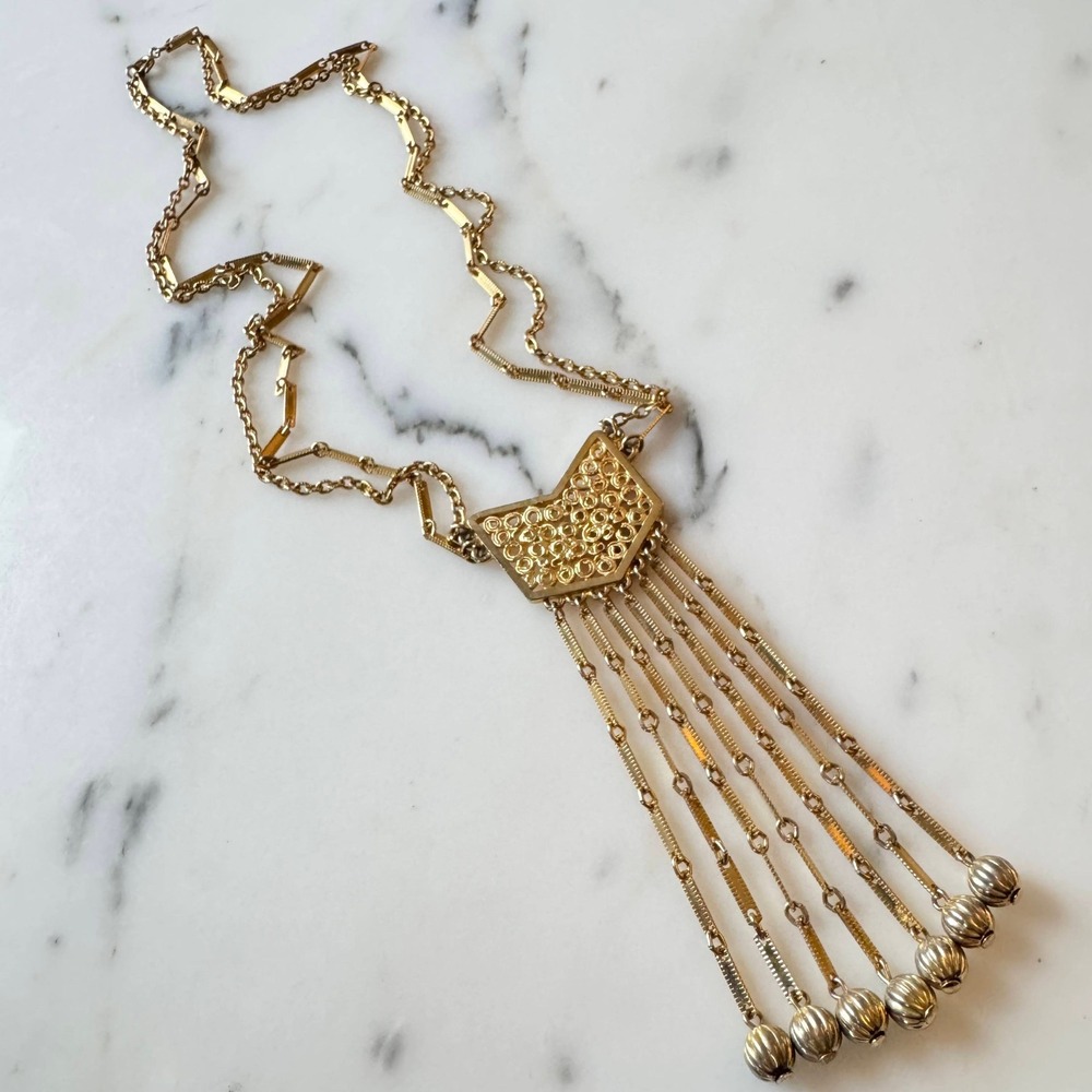Vintage Gold Tone Geometric Bib Necklace Long Fringe‎ Tassel Statement Chain
